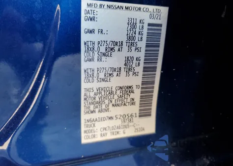 2021 Nissan Titan Sv z USA, uszkodzony, nr VIN 1N6AA1ED7MN520561
